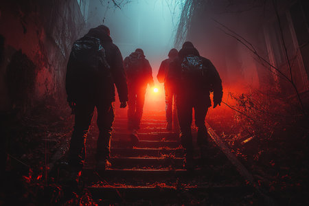 A horror concept. Of a hooded figure with no face standing in the doorway of a decaying room in an abandoned ruined house.の素材