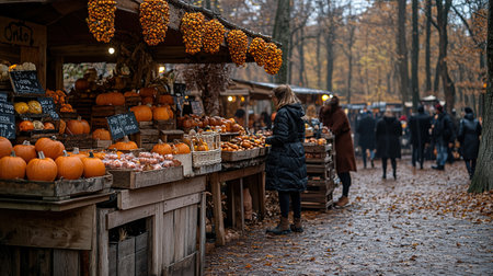 Pumpkins market. Autumn harvest on farm shop outdoor. Various vegetables in wooden boxes for Halloween and Thanksgiving day. Rural store with homegrown organic eco-friendly food. Small local business.の素材