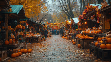 Pumpkins market. Autumn harvest on farm shop outdoor. Various vegetables in wooden boxes for Halloween and Thanksgiving day. Rural store with homegrown organic eco-friendly food. Small local business.の素材