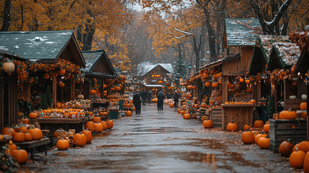 Pumpkins market. Autumn harvest on farm shop outdoor. Various vegetables in wooden boxes for Halloween and Thanksgiving day. Rural store with homegrown organic eco-friendly food. Small local business.の素材