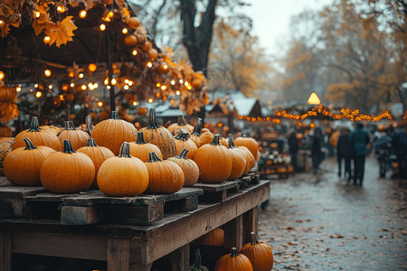 Pumpkins market. Autumn harvest on farm shop outdoor. Various vegetables in wooden boxes for Halloween and Thanksgiving day. Rural store with homegrown organic eco-friendly food. Small local business.の素材
