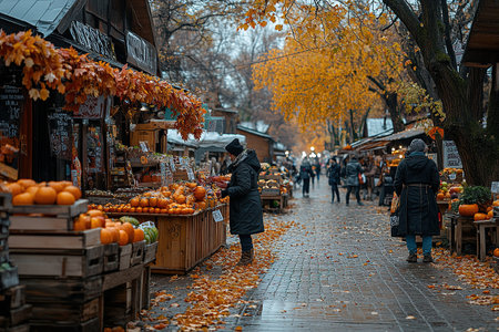 Pumpkins market. Autumn harvest on farm shop outdoor. Various vegetables in wooden boxes for Halloween and Thanksgiving day. Rural store with homegrown organic eco-friendly food. Small local business.の素材