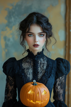 Portrait of woman at Halloween party as dead witch with funny and silly expression on her face. Young woman with bloody make-up holds glowing pumpkin covered with spider webs on orange background.の素材