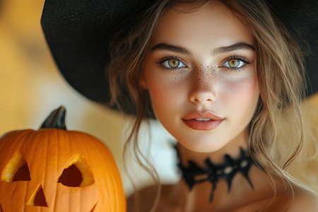 Portrait of woman at Halloween party as dead witch with funny and silly expression on her face. Young woman with bloody make-up holds glowing pumpkin covered with spider webs on orange background.の素材
