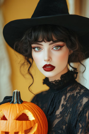 Portrait of woman at Halloween party as dead witch with funny and silly expression on her face. Young woman with bloody make-up holds glowing pumpkin covered with spider webs on orange background.の素材