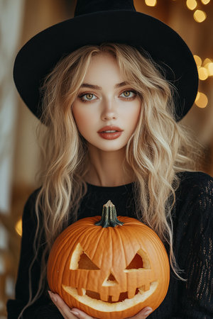 Portrait of woman at Halloween party as dead witch with funny and silly expression on her face. Young woman with bloody make-up holds glowing pumpkin covered with spider webs on orange background.の素材