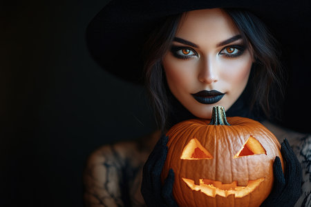 Sexy brunette woman in Halloween makeup and lingerie holds a pumpkin on black background. Halloween concept.の素材