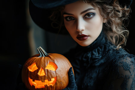 Sexy brunette woman in Halloween makeup and lingerie holds a pumpkin on black background. Halloween concept.の素材