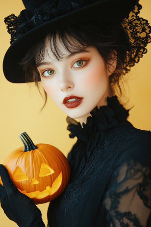 Portrait of woman at Halloween party as dead witch with funny and silly expression on her face. Young woman with bloody make-up holds glowing pumpkin covered with spider webs on orange background.の素材