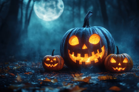 Halloween theme with pumpkins and dark forest. Scary Halloween design on table. Jack-o-lantern on the dark forest.の素材