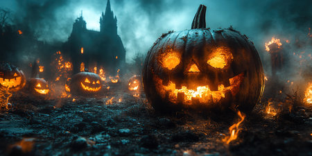 Abandoned scary house near the cemetery in the forest with pumpkins, a full moon, bats and fog. Pumpkins In Graveyard In The Spooky Night, Halloween Backdrop.の素材