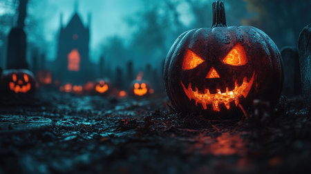 Abandoned scary house near the cemetery in the forest with pumpkins, a full moon, bats and fog. Pumpkins In Graveyard In The Spooky Night, Halloween Backdrop.の素材