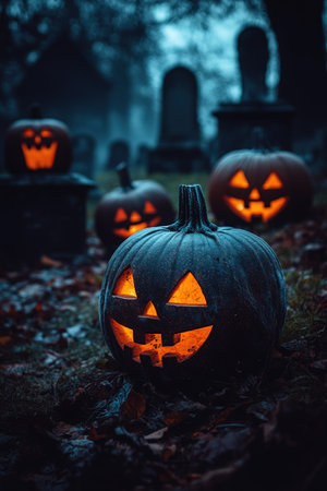 Abandoned scary house near the cemetery in the forest with pumpkins, a full moon, bats and fog. Pumpkins In Graveyard In The Spooky Night, Halloween Backdrop.の素材