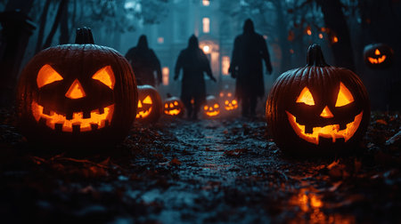 Abandoned scary house near the cemetery in the forest with pumpkins, a full moon, bats and fog. Pumpkins In Graveyard In The Spooky Night, Halloween Backdrop.の素材