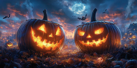 Abandoned scary house near the cemetery in the forest with pumpkins, a full moon, bats and fog. Pumpkins In Graveyard In The Spooky Night, Halloween Backdrop.の素材