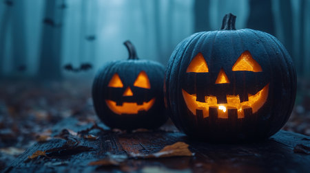 Spooky Halloween pumpkins in the forest. Scary halloween background with free space for text. Jack-o-lantern on a wooden table.の素材