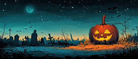 Abandoned scary house near the cemetery in the forest with pumpkins, a full moon, bats and fog. Pumpkins In Graveyard In The Spooky Night, Halloween Backdrop.の素材