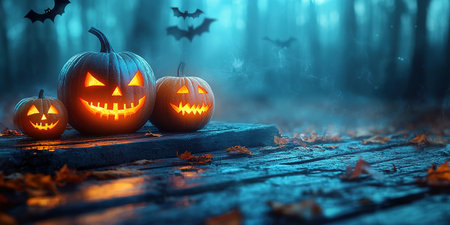 Spooky Halloween pumpkins in the forest. Scary halloween background with free space for text. Jack-o-lantern on a wooden table.の素材