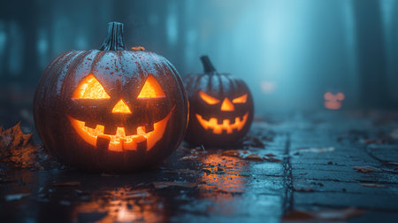 Spooky Halloween pumpkins in the forest. Scary halloween background with free space for text. Jack-o-lantern on a wooden table.の素材