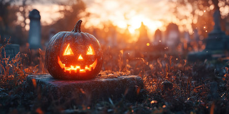 Abandoned scary house near the cemetery in the forest with pumpkins, a full moon, bats and fog. Pumpkins In Graveyard In The Spooky Night, Halloween Backdrop.の素材