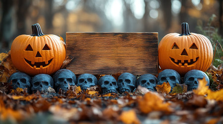 Halloween Party - Skeletons And Owl On Wooden Banner In Spooky Night At Moonlight.の素材