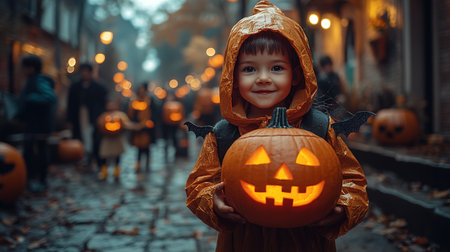 Little child girl in witch costume holding jack-o-lantern pumpkin bucket with candies and sweets. Kid trick or treating in Halloween holiday.の素材