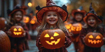 Little child girl in witch costume holding jack-o-lantern pumpkin bucket with candies and sweets. Kid trick or treating in Halloween holiday.の素材