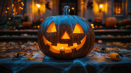 Halloween pumpkin decorations. Pumpkin for decorated house. Halloween Decorated at front yard of an American home. Halloween decorated front door with pumpkins. Autumn holiday of Halloween.の素材