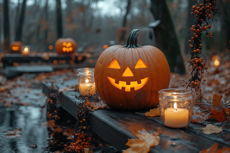 Halloween theme with pumpkins and dark forest. Scary Halloween design on table. Jack-o-lantern on the dark forest.の素材