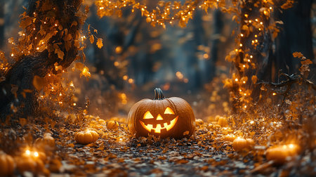 Halloween theme with pumpkins and dark forest. Scary Halloween design on table. Jack-o-lantern on the dark forest.の素材