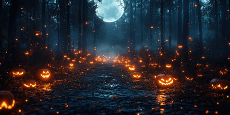 Halloween theme with pumpkins and dark forest. Scary Halloween design on table. Jack-o-lantern on the dark forest.の素材