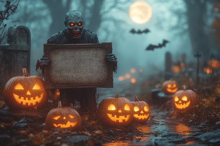 Pumpkin zombie with an empty wooden plaque Rising Out Of A Graveyard cemetery and church In Spooky scary dark Night full moon bats on tree. Holiday event halloween banner background concept.の素材
