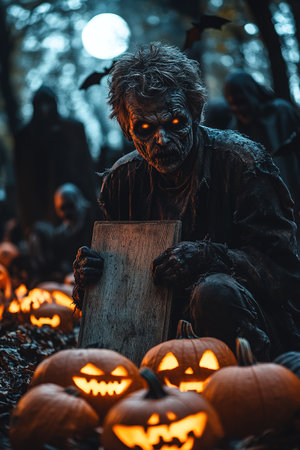 Pumpkin zombie with an empty wooden plaque Rising Out Of A Graveyard cemetery and church In Spooky scary dark Night full moon bats on tree. Holiday event halloween banner background concept.の素材