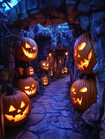 Walking Through a Dark Cave, Candles Set Up Inside and the Pumpkin Glows on Halloween Night. Traditional Halloween Symbol.の素材