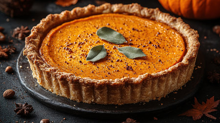 Pumpkin Pie with whipped cream and cinnamon on rustic background, top view. Homemade pastry for Thanksgiving traditional Pumpkin Pie.の素材