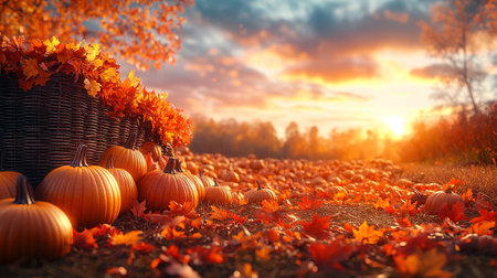 A spooky Halloween pumpkin field with a moody sky. Photo composite.の素材