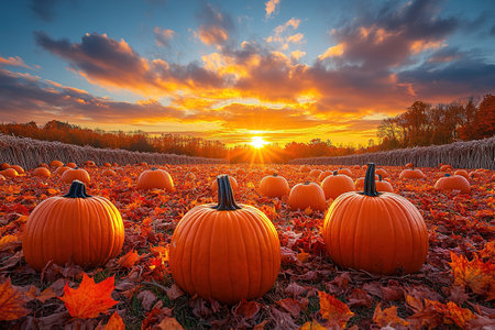 A spooky Halloween pumpkin field with a moody sky. Photo composite.の素材