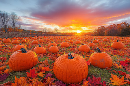 A spooky Halloween pumpkin field with a moody sky. Photo composite.の素材
