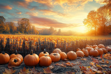 A spooky Halloween pumpkin field with a moody sky. Photo composite.の素材
