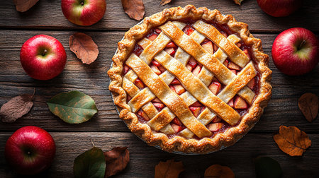 Apple pie decorated with lattice overhead shot, fall baking concept.の素材