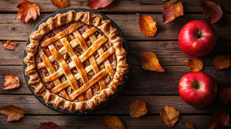 Apple pie decorated with lattice overhead shot, fall baking concept.の素材