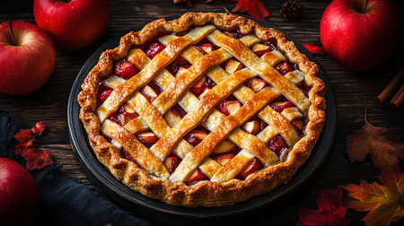Apple pie decorated with lattice overhead shot, fall baking concept.の素材