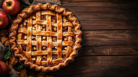 Apple pie decorated with lattice overhead shot, fall baking concept.の素材