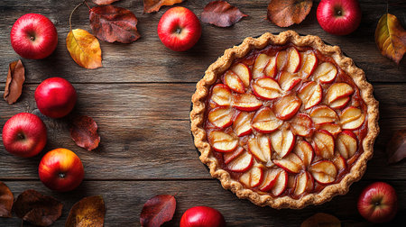 Apple pie decorated with lattice overhead shot, fall baking concept.の素材