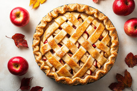 Apple pie decorated with lattice overhead shot, fall baking concept.の素材