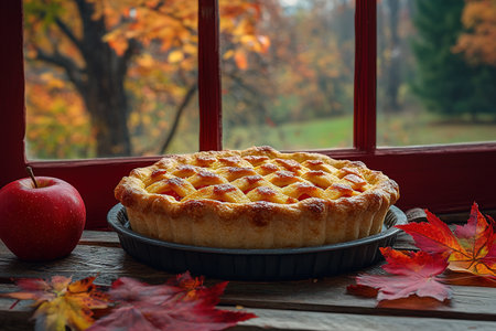 Apple pie decorated with lattice overhead shot, fall baking concept.の素材