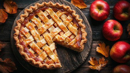 Apple pie decorated with lattice overhead shot, fall baking concept.の素材