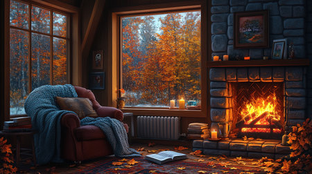 A cozy living room with a warm, crackling fireplace, bookshelves filled with books and decorative items, a comfortable armchair, and a cat sleeping peacefully on a plush rug.の素材