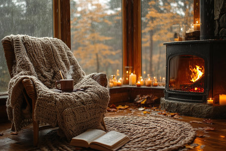 A cozy living room with a warm, crackling fireplace, bookshelves filled with books and decorative items, a comfortable armchair, and a cat sleeping peacefully on a plush rug.の素材