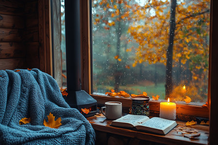 A cozy living room with a warm, crackling fireplace, bookshelves filled with books and decorative items, a comfortable armchair, and a cat sleeping peacefully on a plush rug.の素材